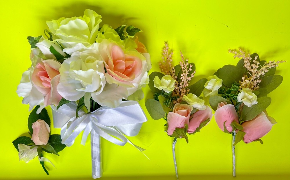 Bridal artificial silk flowers bouquet white & pink, 2 corsages, boutonniere lot