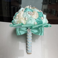 Mint Green and Ivory Bridal Wedding Bouquet with Rhinestone Brooch Pearl Bouquet