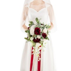 12″ Burgundy & White Cascading Bridal Bouquet – Silk Wedding Flowers for Bride