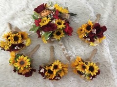 Wedding flowers bridal bouquet decorations 6 Bouquet Sunflower Burgundy and red