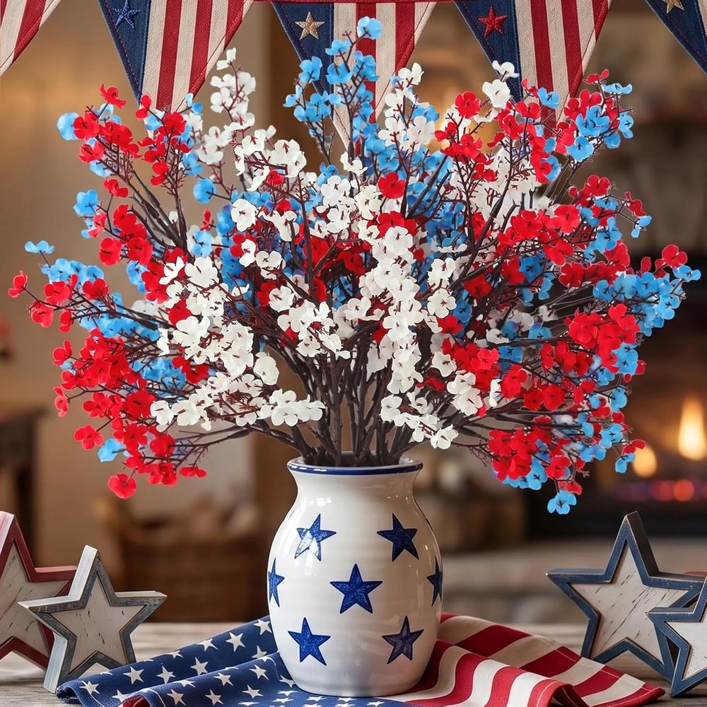Hananona 10 Pcs 4th of July Flowers Artificial Babys Breath Fake Silk Red White