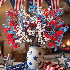 Hananona 10 Pcs 4th of July Flowers Artificial Babys Breath Fake Silk Red White