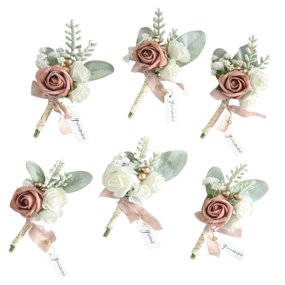 Dusty Rose Wedding Boutonniere For Men Set Of 6 Artificial Rose Boutonniere For
