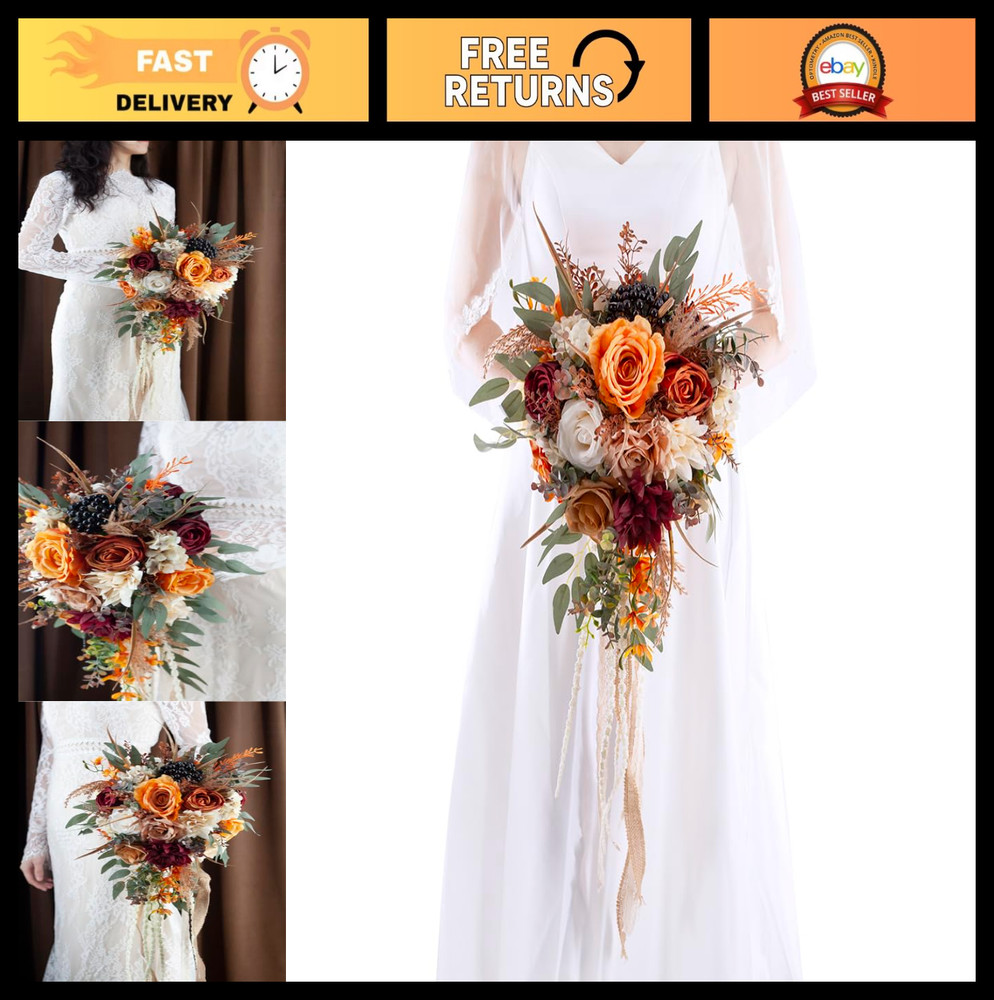 12″ Burnt Orange Cascade Wedding Bouquet, Silk Bridal Flowers for Fall Weddings