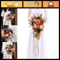 12″ Burnt Orange Cascade Wedding Bouquet, Silk Bridal Flowers for Fall Weddings