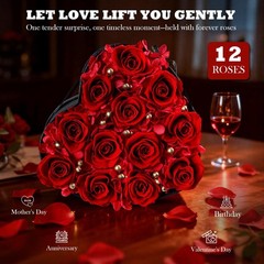 HyeFlora 12 Pcs 12 Preserved Roses + Red Drangea + Golden Ball, Classic