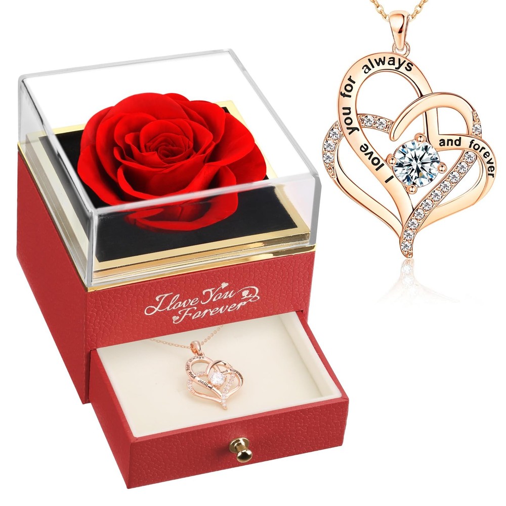 Forever Real Rose with Heart Necklace, Preserved for forever, Red