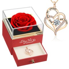Forever Real Rose with Heart Necklace, Preserved for forever, Red