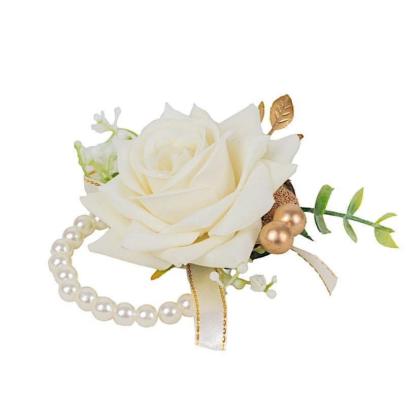White 2 Silk Rose 4″ Wrist Corsages with Pearls Artificial Flowers Wedding