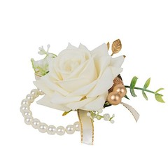 White 2 Silk Rose 4″ Wrist Corsages with Pearls Artificial Flowers Wedding
