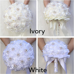 Ivory Handmade Bridal Bouquet with Rhinestones & Satin Roses – 8.7 In