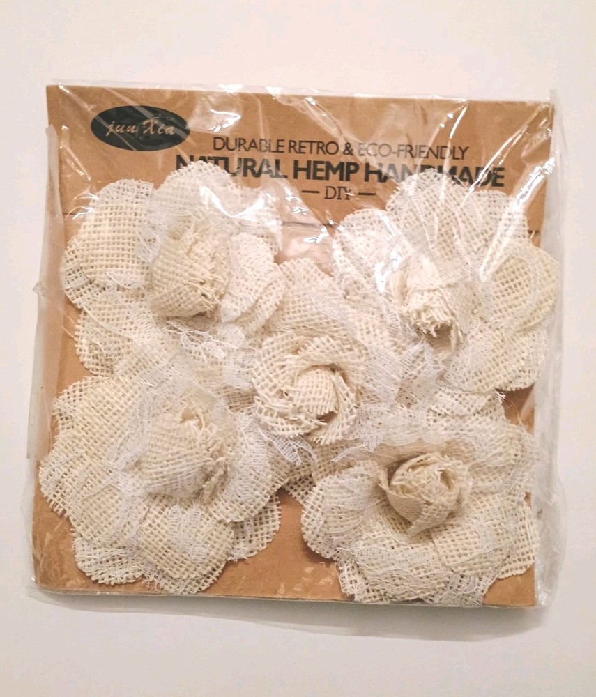 Ivory Natural 100% Burlap Fabric Rose Flowers Handmade Set of 5 Bridal 4″