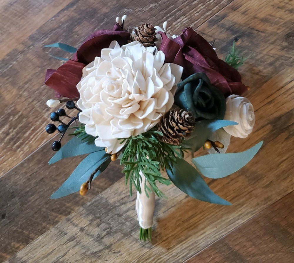Burgundy Green Sola Wood Bridal Bouquet Winter Wedding Holiday Red Centerpiece