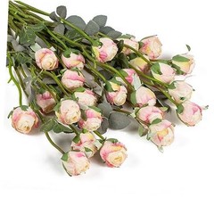 24pcs Artificial Flowers Fake Silk Rose with Long Stem for DIY Cream Pink