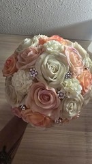 Handmade Faux Rose Bridal Bouquet Ivory Blush Peach Roses Rhinestone Accents