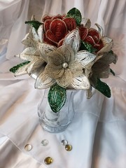 Beaded Flower Wedding Bridal Bouquet With Red White & Silver Handmade Flowers