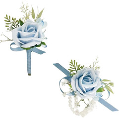Light Blue Corsage and Boutonniere Set for Wedding Prom, Artificial Rose Babysbr