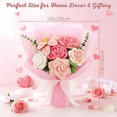 Pink Crochet Flower Bouquet, Handmade Knitted Yarn Rose Flowers with Gift