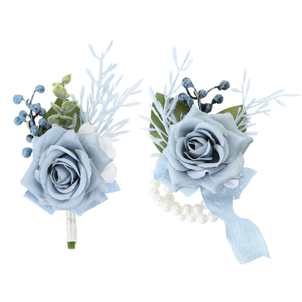 Rose Corsage and Boutonnieres Set for Groom Bride Groomsmen Light Blue