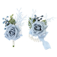 Rose Corsage and Boutonnieres Set for Groom Bride Groomsmen Light Blue
