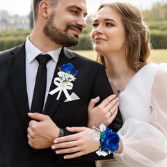 2Pcs Blue Rose Corsage and Boutonniere Set, Corsage Wristlet Band for Prom Suit