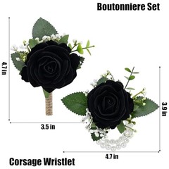 2Pcs Rose Corsage and Men Boutonniere 1 Boutonniere & 1 Wrist Corsage Black