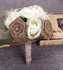 Handmade Burlap Wedding Bouquet Artificial Rose Pearl LaceBridesmaid Toss Bridal