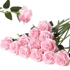 12PCS Artificial Silk Flowers Realistic Roses Bouquet Long 12Pcs Flowers Pink