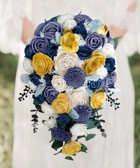 Blue Gold Bridal Bouquet Cascade Sola Wood Denim Navy Blue Wedding Decor Flowers