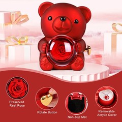 Cute Teddy Bear with Preserved Rose,Eternal Flowers Rotating Rose Box with Neckl