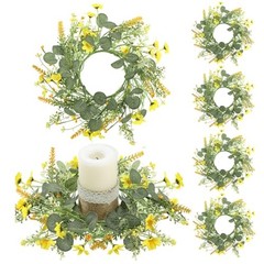 6 Pcs Spring Daisy Candle Rings Wreaths for Kitchen Cabinet Artificial Yellow