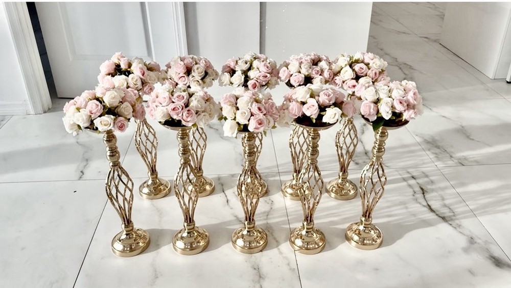 10pcs Golden Wedding Centerpieces with Realistic Roses Flowers for Weddings