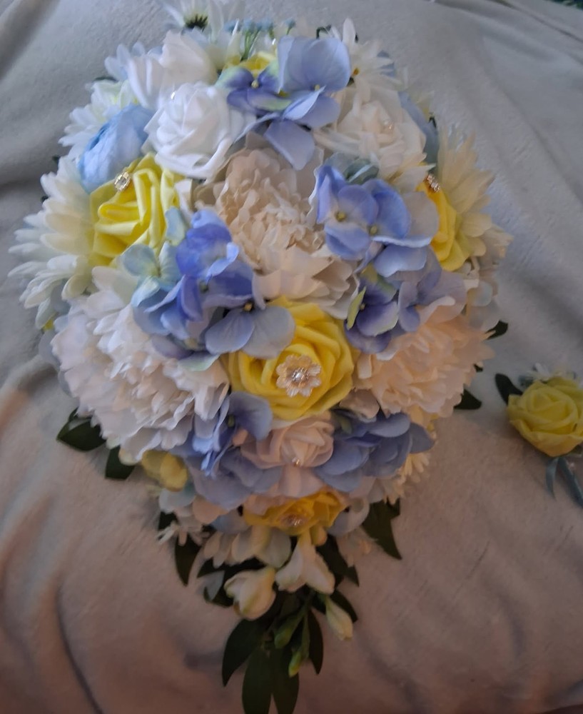 Bouquet and Boutonniere, Yellow, Light Blue, White,Bling, 2pc set