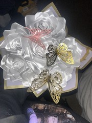 Homemade 7 Ribbon Rose Flower Bouquet In White With Pink And Golden Butterfly’s