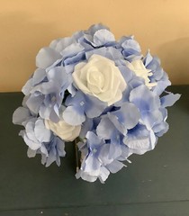 Periwinkle Hydrangea and white rose wedding bouquet