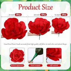 3 Pcs Derby Day Giant Artificial Flowers Decoration 12, 16, 20 Inch Red Rose