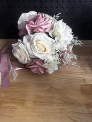 Bridal Bouquet Pink Cream Roses Lace Ribbon Shabby Chic Wedding Decor Prop