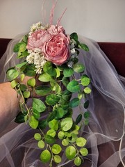Dusty Pink And White Accent Cascading Bridal Bouquet With Diamond Stud Handle