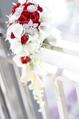 Handmade Red Calla Lily Bouquet, Realistic Roses & Pearls, Luxury Wedding Decor