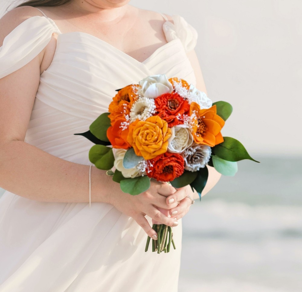 Bright Orange White Bridal Bouquet Sola Wood Bridesmaid Faux Wedding Flower HOCO