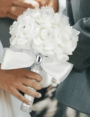 White Foam Rose Wedding Bouquet with Rhinestones and Ribbon Handle, 9.84 in