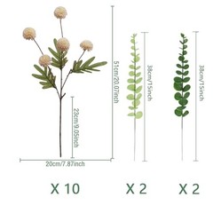 10pcs Faux Kiku Flowers, 5 Heads Each Stem & 4 Branches Eucalyptus Stems, Beige