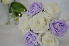 Wedding bouquet posy flowers in LILAC. Flower girl wand, grooms buttonhole
