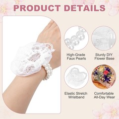 Pearl Lace Corsage Wristlet, 5Inch 8Pcs Elastic Wrist Corsage Bracelets, White