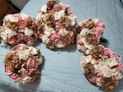 Bride, Bridesmaid, and Toss Sola Wood and Burlap Bouquets