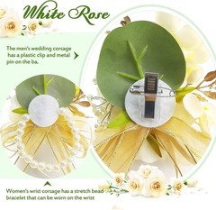 Ivory Rose Wrist Corsage Wristlet Band Bracelet and Boutonniere Set for Men W…