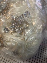 Hmplimue Handmade Ivory Silk Rose Bridal Bouquet 7.5” w/Rhinestones