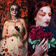 36 Pcs Silk Black Red Rose Bouquet Bridal Artificial Flowers,Fake Black, Red