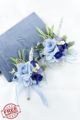 Floinla Blue Wrist Corsage and Boutonniere Set Artificial Rose