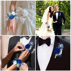Deep Blue Corsage & Boutonniere Set – 2 Pcs Wrist Bracelets for Wedding, Prom, P
